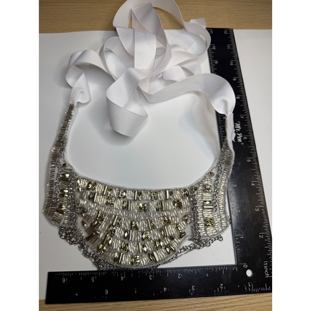 Beaded Bib Statement Necklace Silver Tone Crystal Chain Grosgrain Ribbon Tie